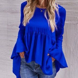Flounce Sleeve High Low Peplum Blouse - Royal Blue - Size Small